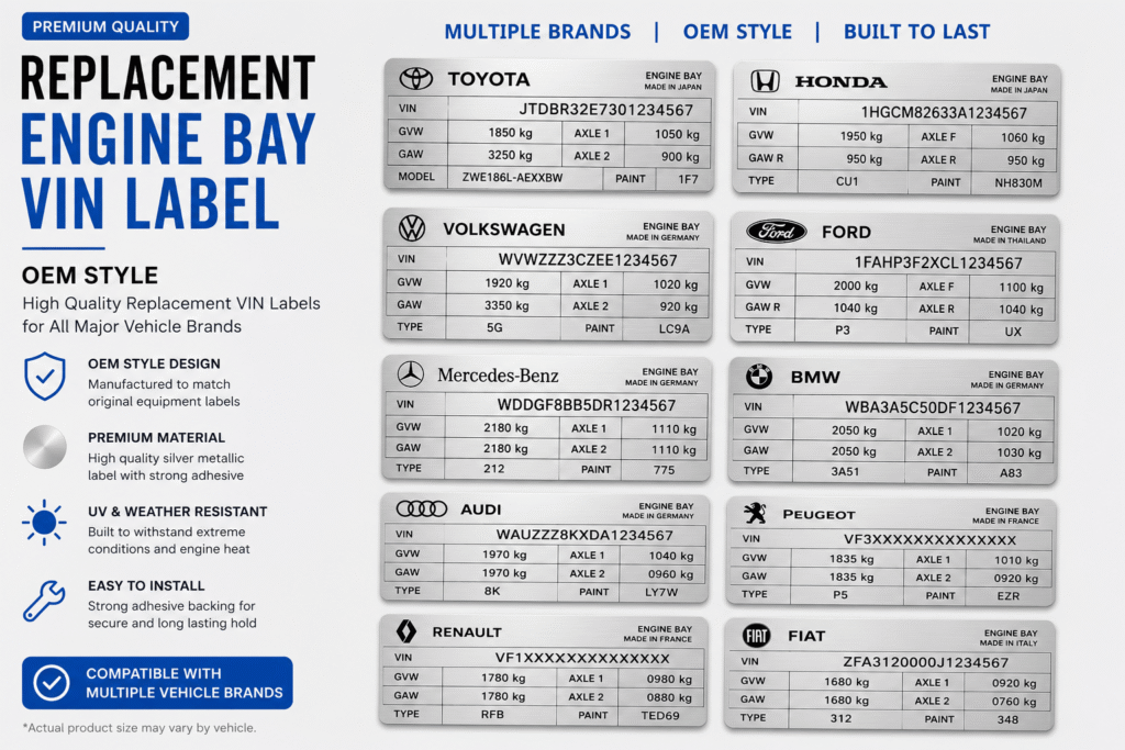 Engine Bay VIN Label Replacement For All Vehicles Brands