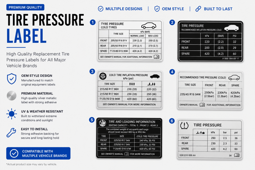 Tyre Pressure Label Replacement For All Vehicles Brands